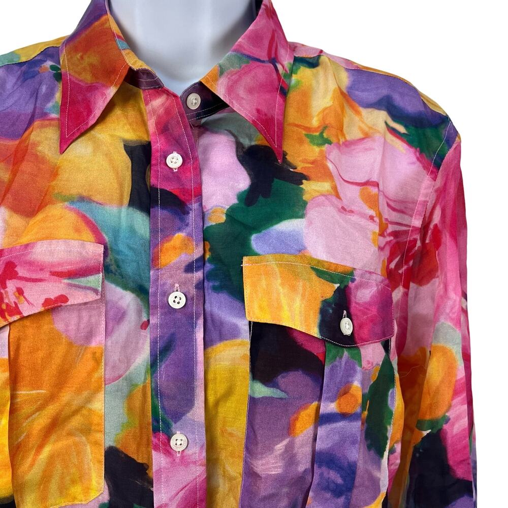 Lauren Ralph Lauren Women's Button Front Top Large Floral Bright Print Collar